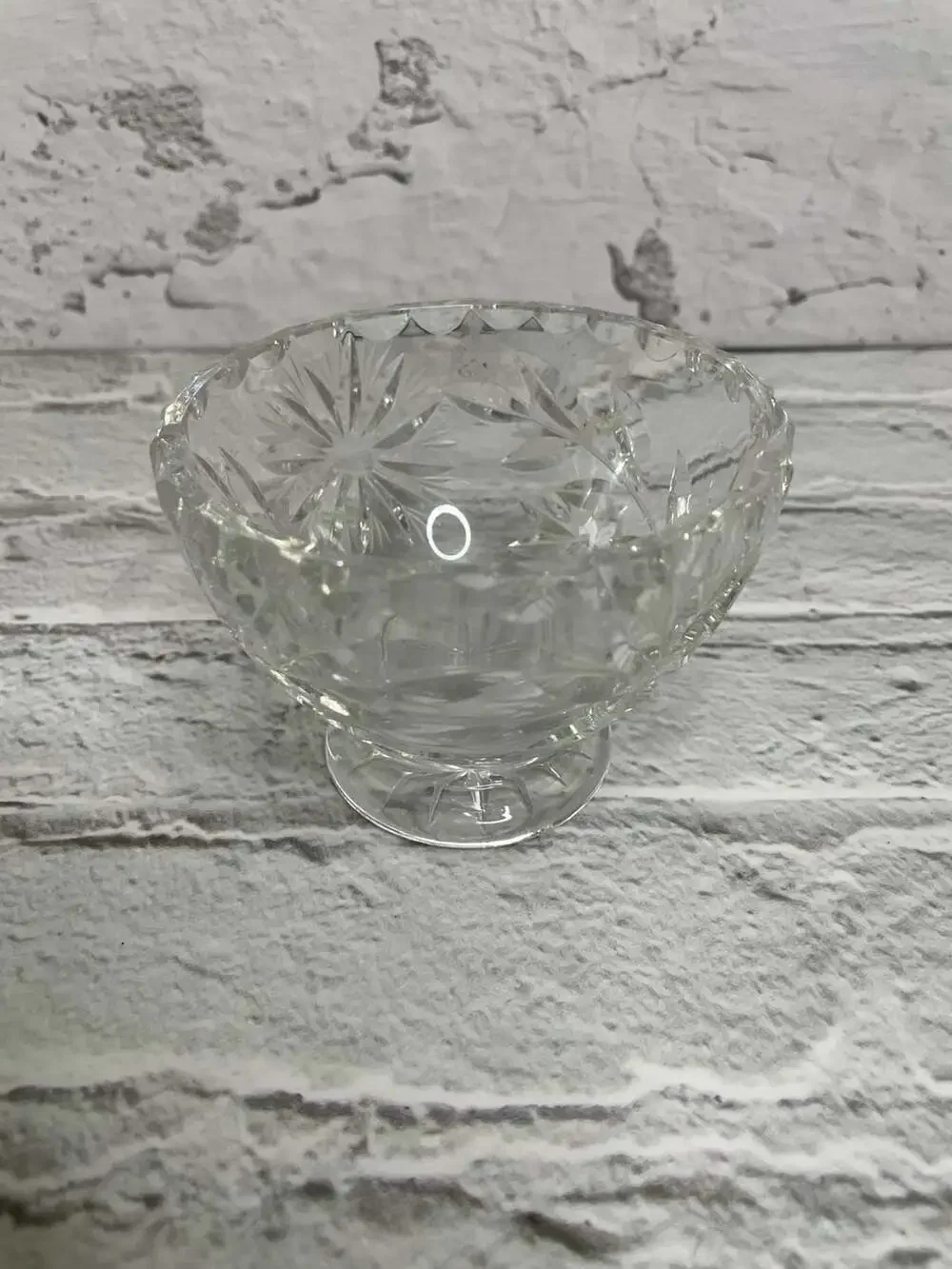 Vintage Cut Crystal Footed Pedestal Bowl with Star and Leaf Pattern